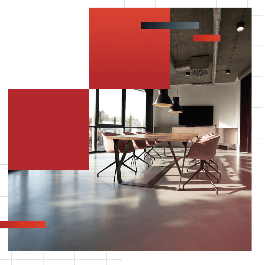Decorative graphic containing photo of an empty conference room with casement windows and an empty conference table and chairs with pendant lights