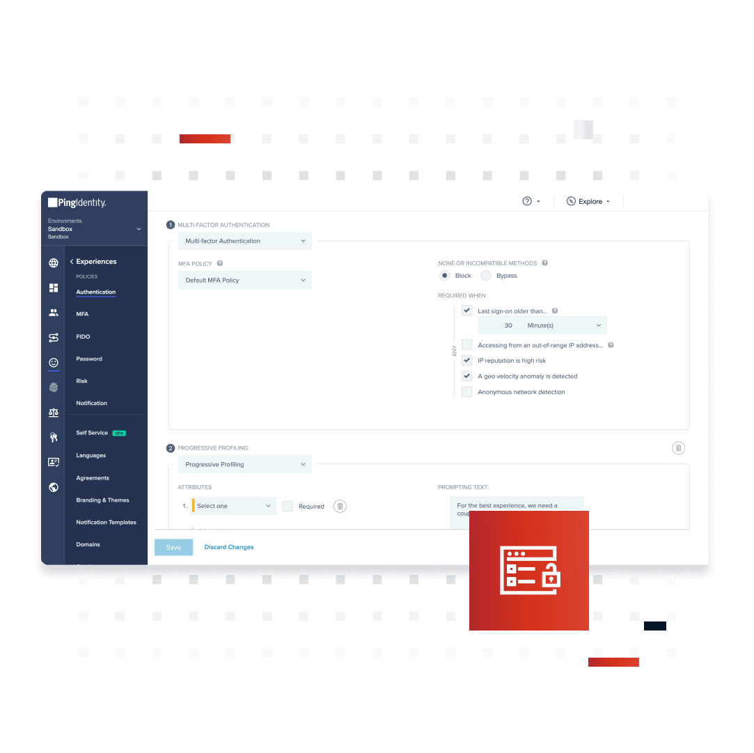 PingOne User dashboard showing choices for allowing different types of multifactor authentication
